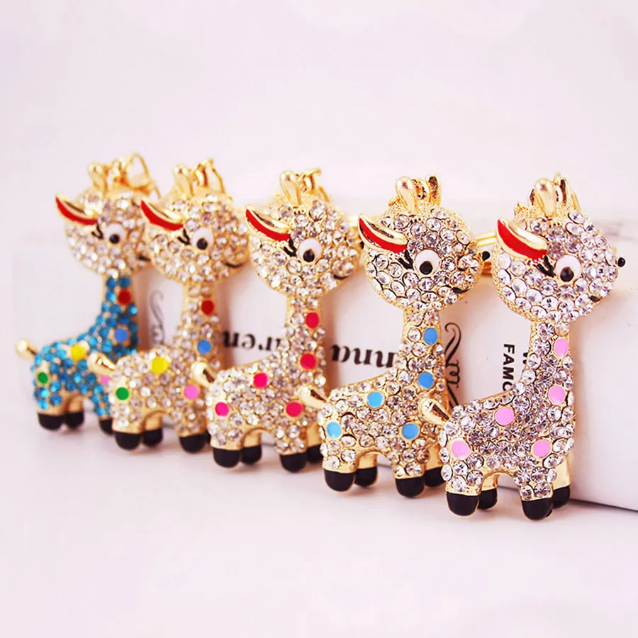 Rhinestone Giraffe Keychain Cute Animal Bag Charm Pendant Zinc Alloy Crystal Sparkling Key Ring For Women Girls Gift