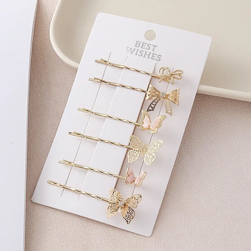 Koreanischer Stil Gold Schmetterling Haarclips Für Damen Rosa Harz Schmetterling Schleife Haarnadeln Hohl Legierung Kopfschmuck