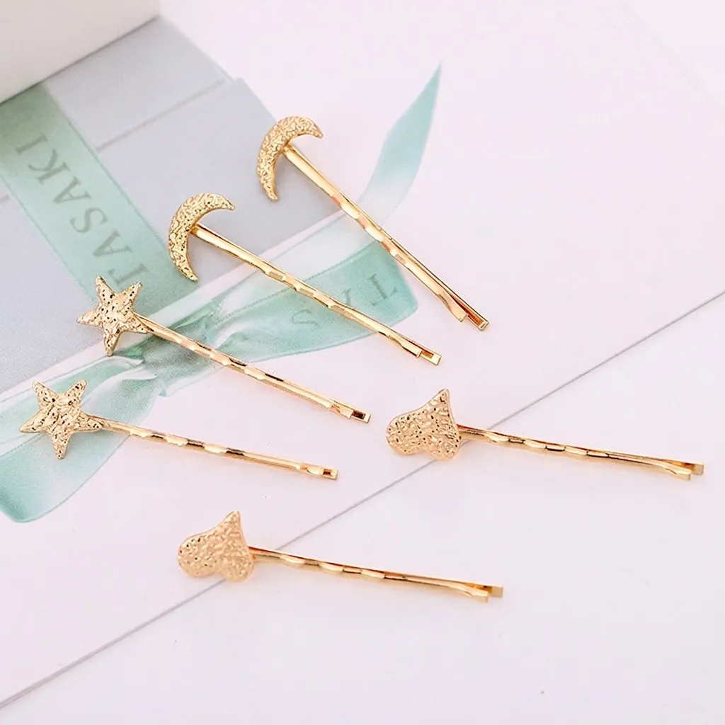 Korean Style Gold Alloy Geometric Moon Star Heart Hair Clip Elegant Hammered Texture Metal Hairpin For Women Daily Accessories