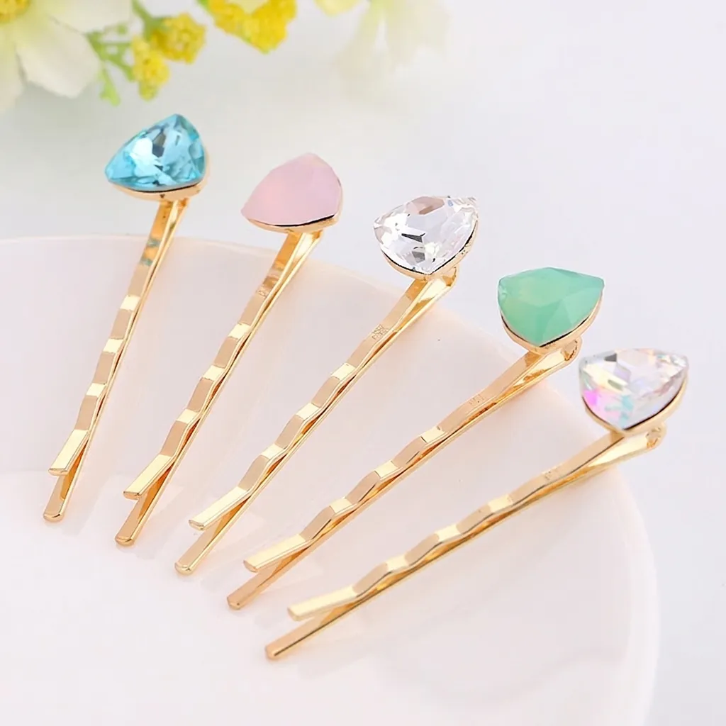 Women Minimalist Geometric Triangle Rhinestone Bobby Pin Alloy Gold Plated Hair Clip Colorful Crystal Hair Accessories For Daily Party