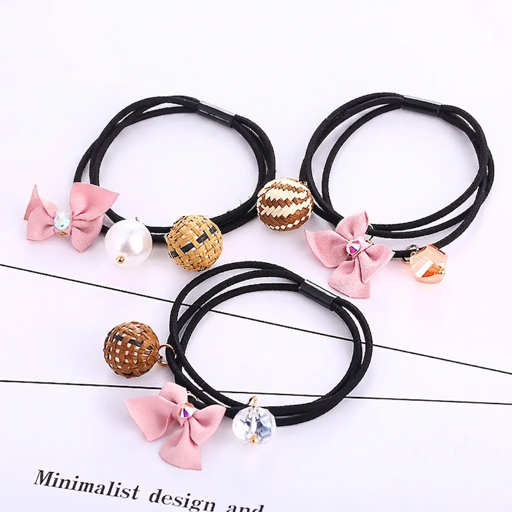 Hochelastische Haargummis Für Damen Rosa Satin Schleife Geflochtener Ball Künstliche Perlenimitat Kristall Dekor Süße Haarbänder Im Koreanischen Stil