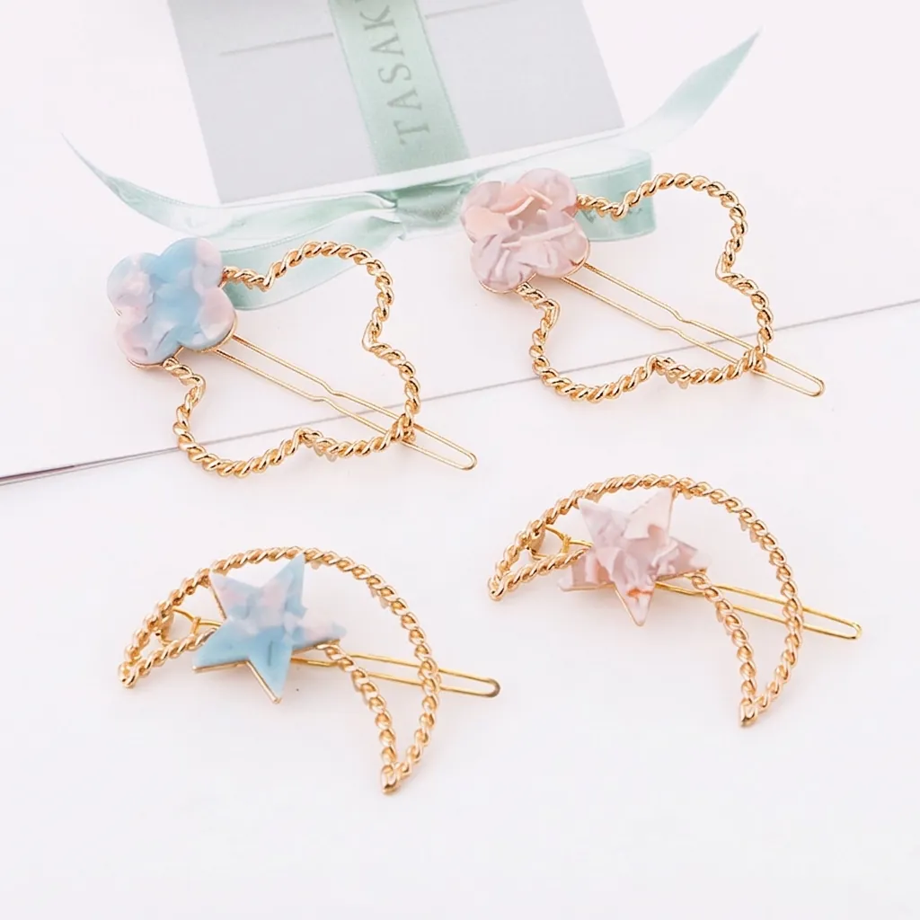 Barrettes à Cheveux en Acétate de Cellulose à Texture Marbrée en Alliage Doux pour Femmes Cadre Torsadé Doré Trèfle Étoile Lune Épingles à Cheveux Quotidiennes