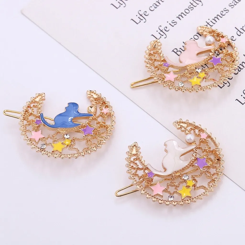 Maan Kat Ster Legering Haarclip Voor Dames Meisjes Goud Emaille Dierlijke Haarpeld Met Kunstparels En Strass Decoratieve Hoofddeksels