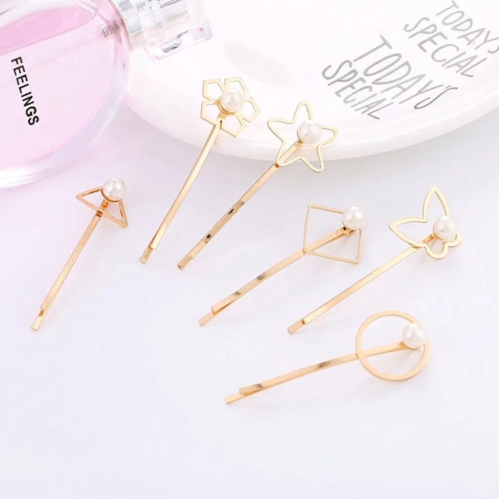 Pince à Cheveux en Alliage d'Or Géométrique de Style Coréen Avec Imitation de Künstliche Perle Élégantes Barrettes Creuses Minimalistes pour Femmes Bijoux de Fête Quotidienne