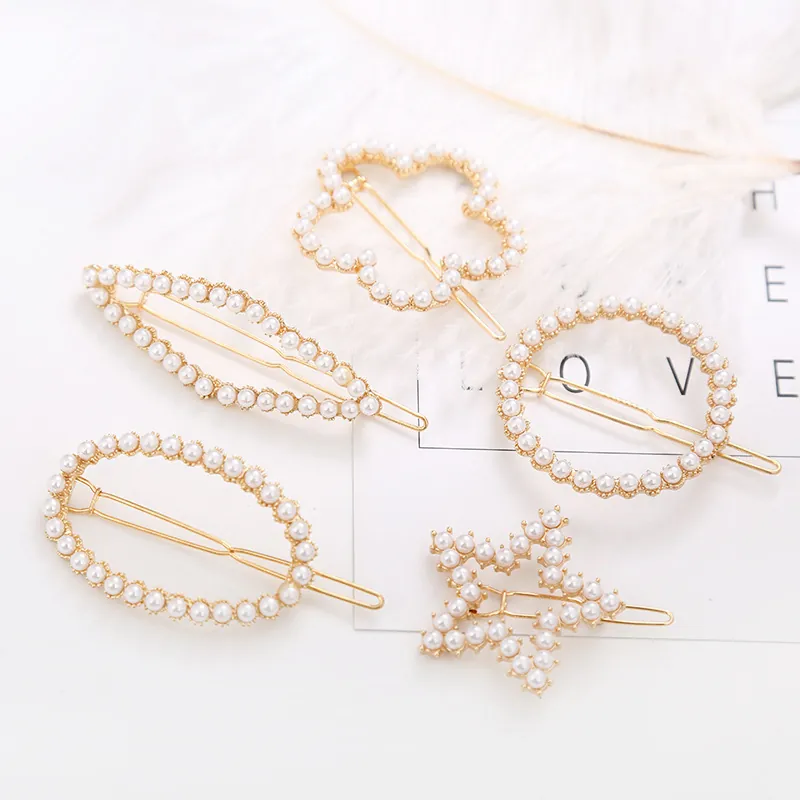 Elegant Alloy Artificial Pearl Rhinestone Hair Clips Geometric Flower Star Oval Round Gold Metal Hairpins For Women Wedding Jewelry