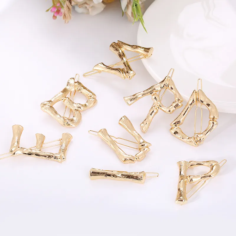 Vintage Bamboo Texture Gold Plated Alloy Letter Hair Clips For Women Fashion Personalized Initial Bobby Pins Jewelry