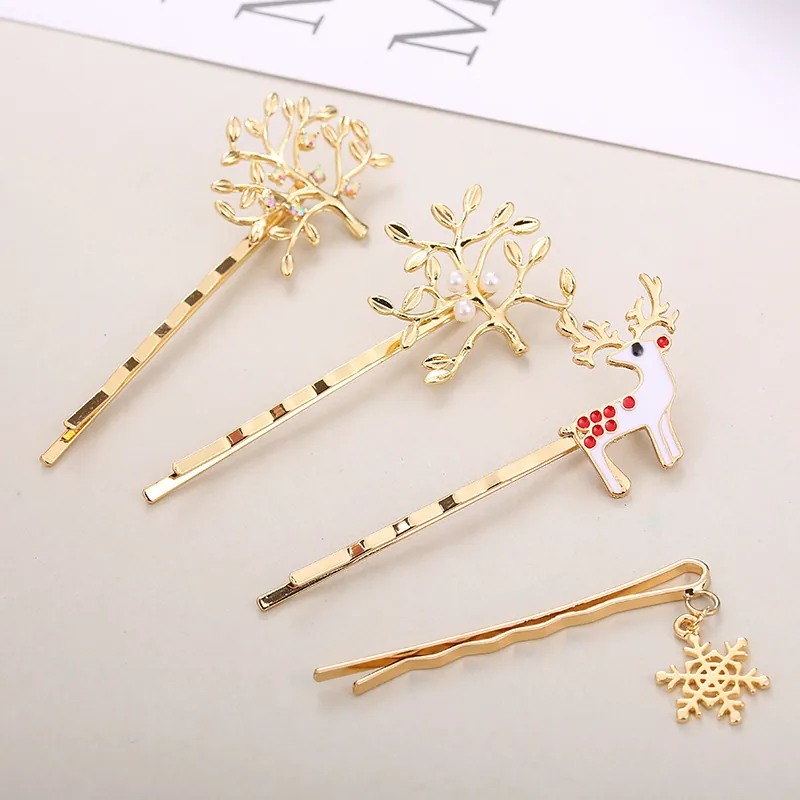 Gold Alloy Christmas Hair Clips Set With Deer Snowflake Wealth Tree Rhinestone Artificial Pearl Elegant Korean Hair Accessories For Women Jewelry Gift