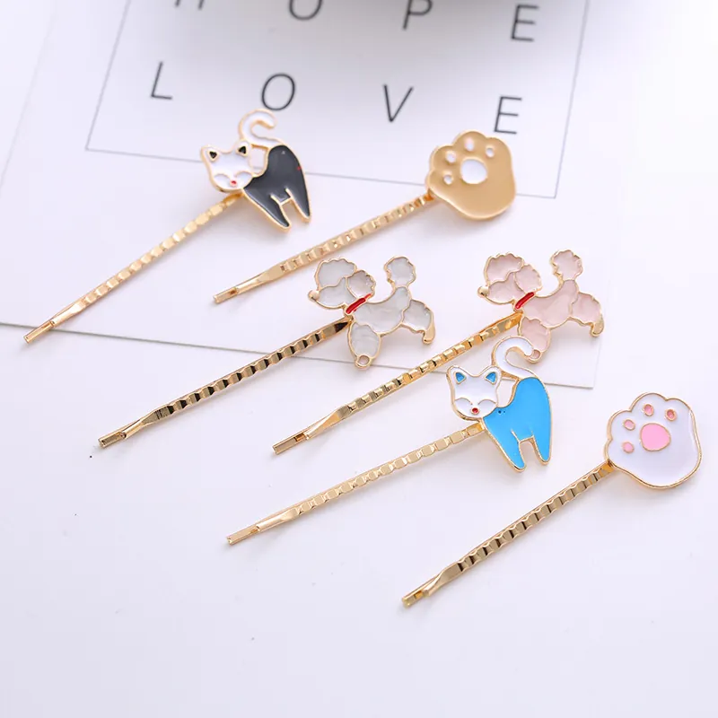 Cartoon Animal Hair Clips For Women Girls Alloy Enamel Cat Dog Paw Gold Plated Bobby Pins Sweet Daily Hair Accessories