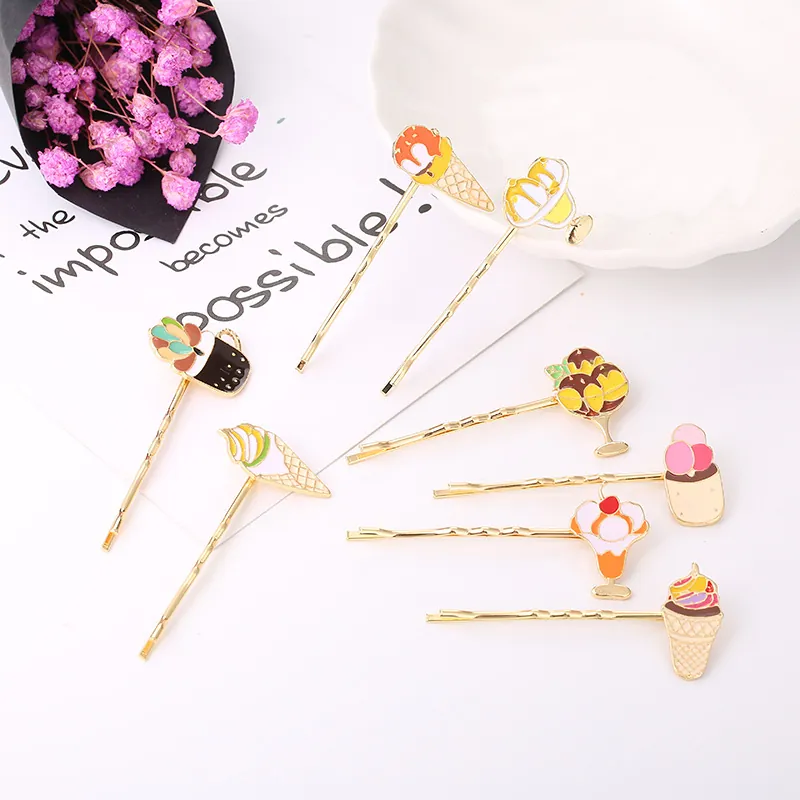 Süße Emaille Eiscreme Dessert Sukkulenten Form Gold Legierung Haarnadel Haarklammer Für Damen Mädchen Süße Cartoon Mode Kopfschmuck Schmuck