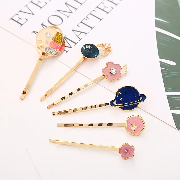 Pinces à Cheveux en Alliage Émaillé Étoile Lune Astronaute Or Fleur de Cerisier Planète Barrettes pour Femme Fille Accessoires Cheveux