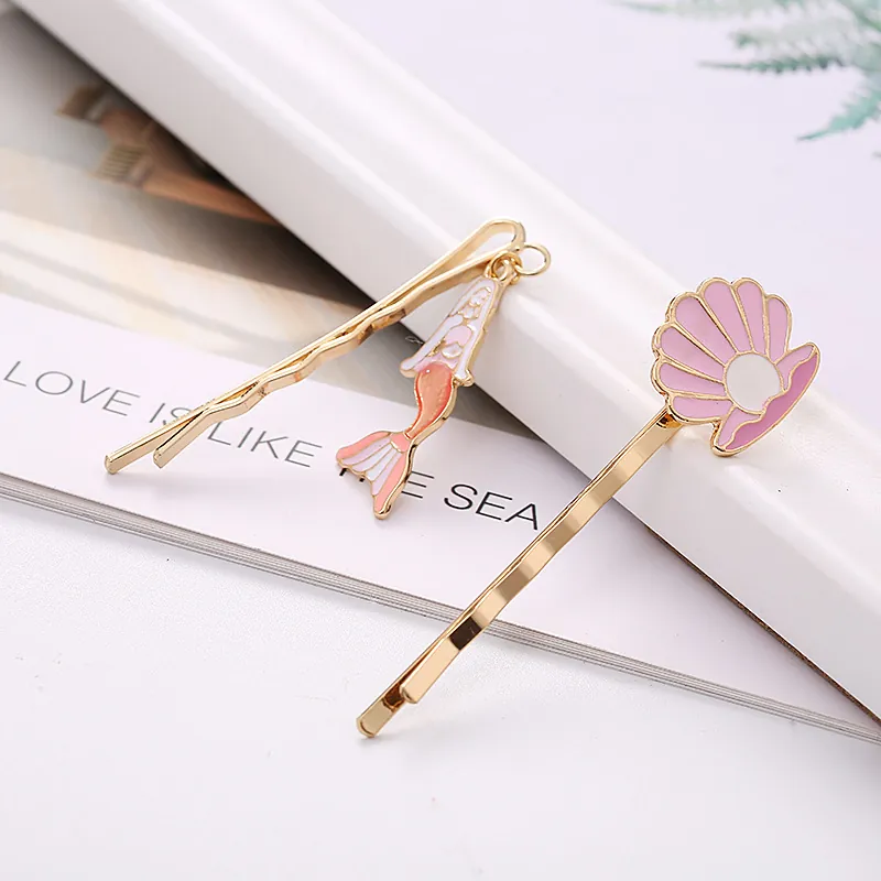 Barrettes à Cheveux Thème Océan Sirène et Coquillage pour Femmes Filles Or Alliage Rose Émail Épingles à Cheveux Plage Accessoires