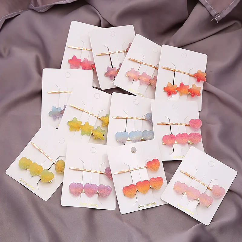 Pinces à Cheveux en Résine Coeur Étoile Dégradé Multicolore Texture Mate Sucre Barrettes en Métal pour Femmes Filles Doux Mignon Décoration de Cheveux