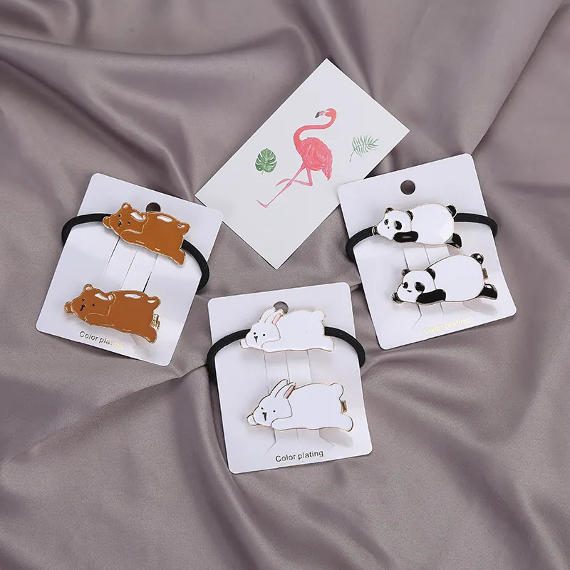 Cute Cartoon Animal Panda Bunny Bear Alloy Enamel Drip Oil Hair Accessory Hair Clip And Elastic Hair Tie For Girls Women