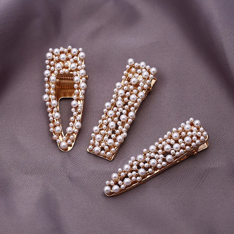 Korean Style Elegant Imitation Artificial Pearl Hair Clip Set For Women Golden Alloy Rectangular Water Drop Geometric Hairpins Accessory