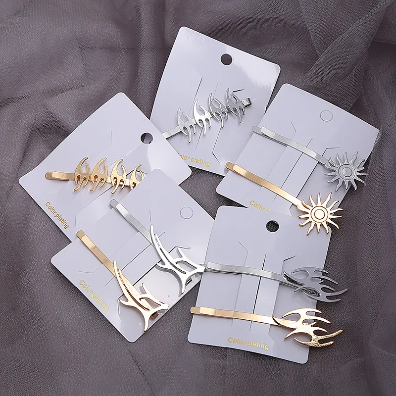Cool Style Copper Alloy Hair Clips Set Flame Sun Dart Pattern Gold Silver Plated Metal Bobby Pins Punk Hair Accessories For Women
