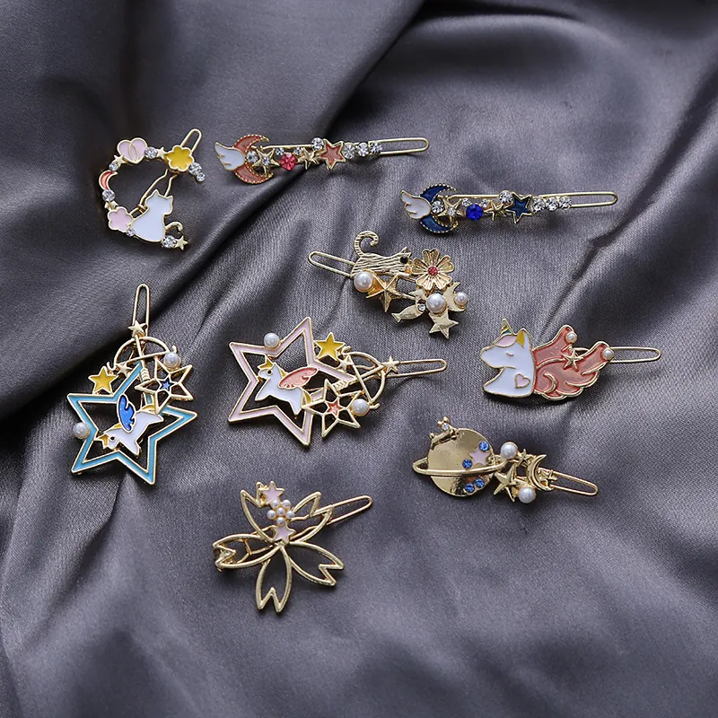 Süße Legierung Emaille Haarklammer Mit Einhorn Mond Stern Katze Blume Strass Künstliche Perlenimitat Japanischen Stil Damen Haarschmuck