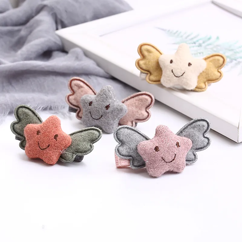 Handmade Cartoon Star Wings Fabric Hair Clips For Girls Embroidered Smile Face Duckbill Clips Sweet Kids Hair Accessories