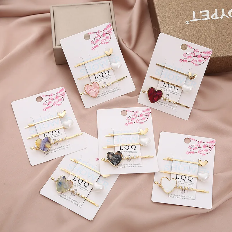 Gold Plated Alloy Heart Hairpin Set With Faux Artificial Pearl Rhinestone Marble Resin Bobby Pins For Women Party Hair Accessories