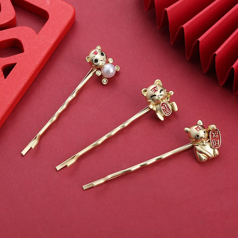 Vintage Cartoon Tijger Haarklem Verguld Legering Mat Chinese Stijl Gelukskat Haarpeld Imitatieparel Sieraden Vrouwen