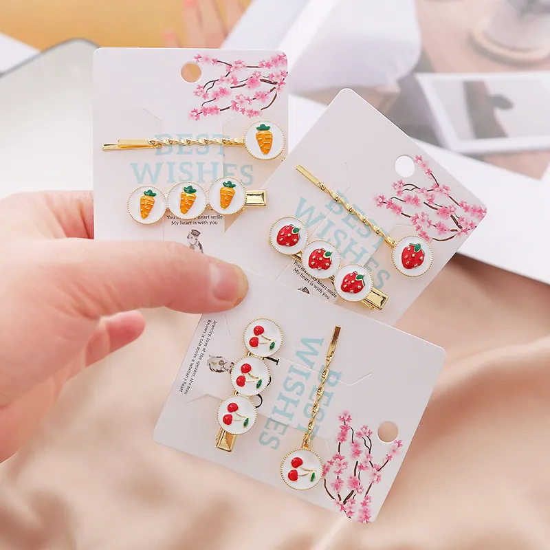Ensemble de Pinces à Cheveux en Alliage Émaillé Fruits Ton Or Fraise Cerise Carotte Pince Bec de Canard et Barrettes Femme Fille