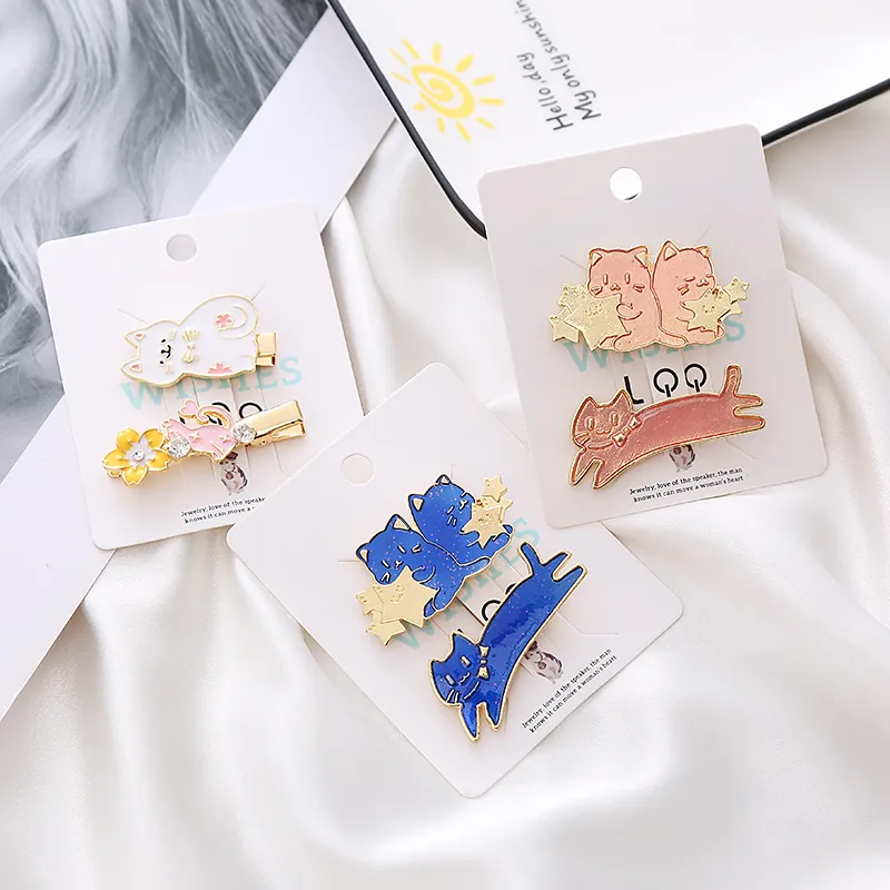 Cute Japanese Style Cartoon Cat Enamel Hair Clips For Women Sweet Star Sakura Drip Oil Alloy Rhinestone Hairpin Set Hair Accessories