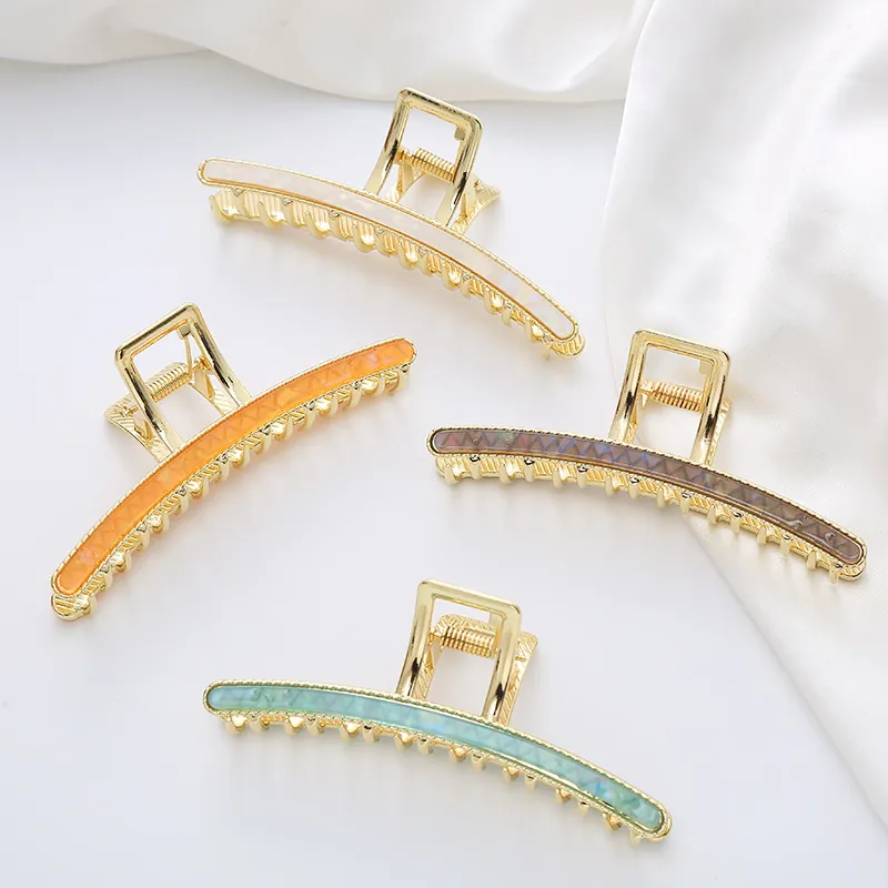 Metal Hair Claw Clip Large Gold Alloy Shark Clip With Marble Texture Acrylic Inlay For Women Daily Office Hair Accessories