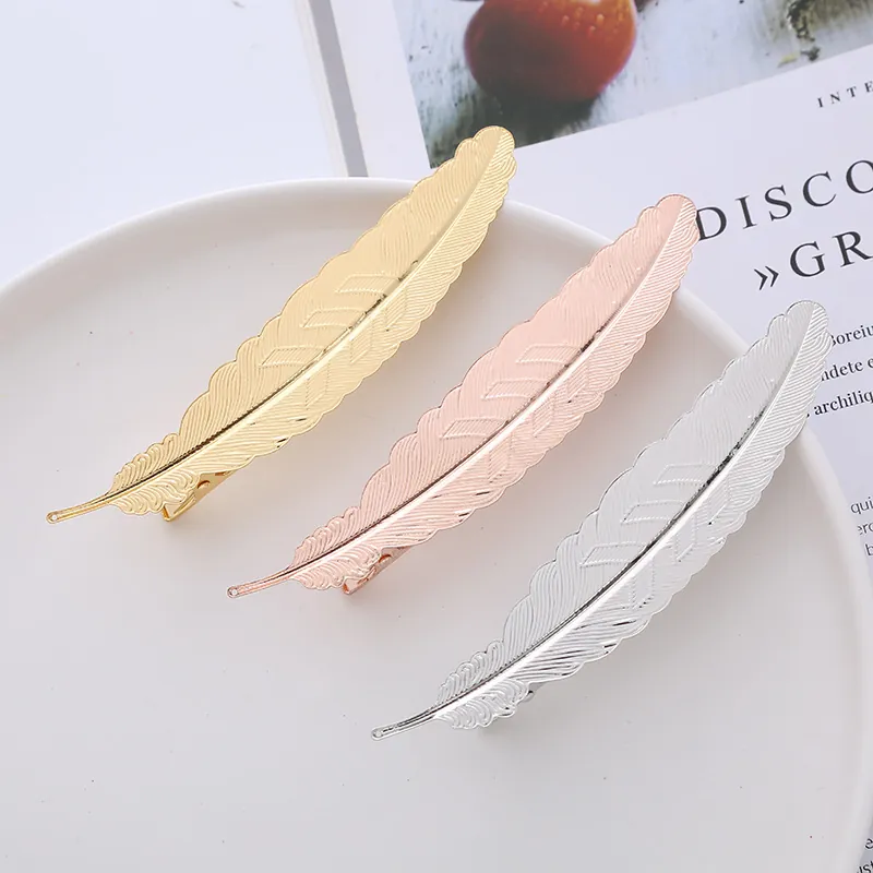 Vintage Alloy Metal Feather Hair Clip Gold Silver Rose Gold Duckbill Clip Elegant Daily Hair Accessories For Women