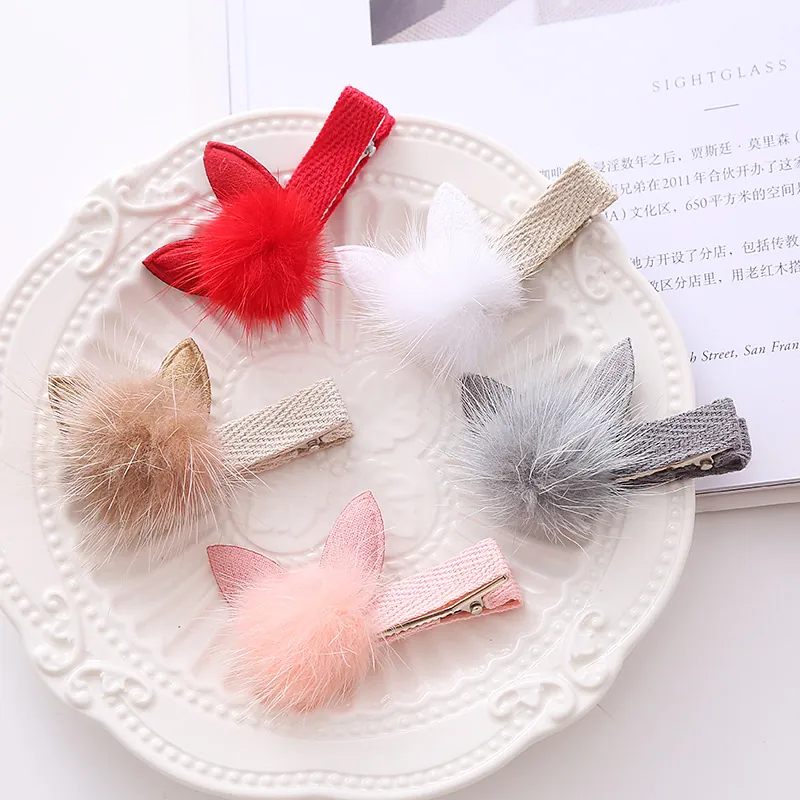 Cute Plush Rabbit Ears Hair Clip For Women Girls Soft Faux Fur Pom Pom Duckbill Clip Sweet Cartoon Animal Hair Pin Accessories