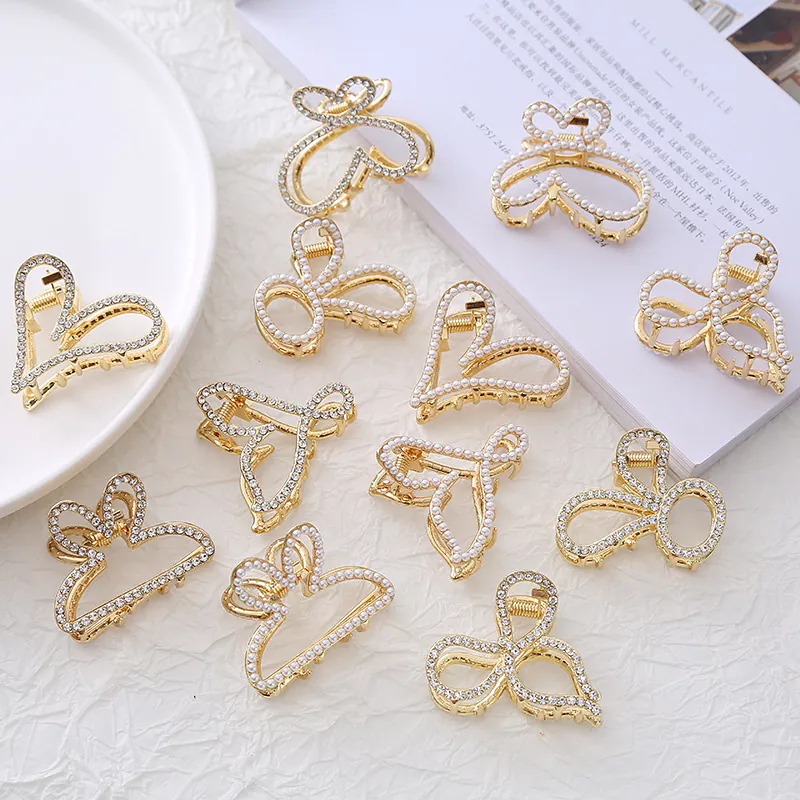Elegant Zinc Alloy Hair Claw Clip Faux Artificial Pearl Rhinestone Butterfly Heart Bow Rabbit Korean Ponytail Holder Women Accessory