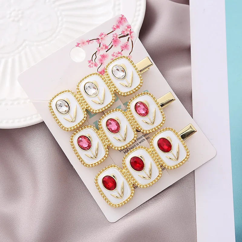 Vintage Enamel Tulip Flower Duckbill Clip Alloy Rhinestone Crystal Hair Clip Elegant Fashion Hair Accessories For Women