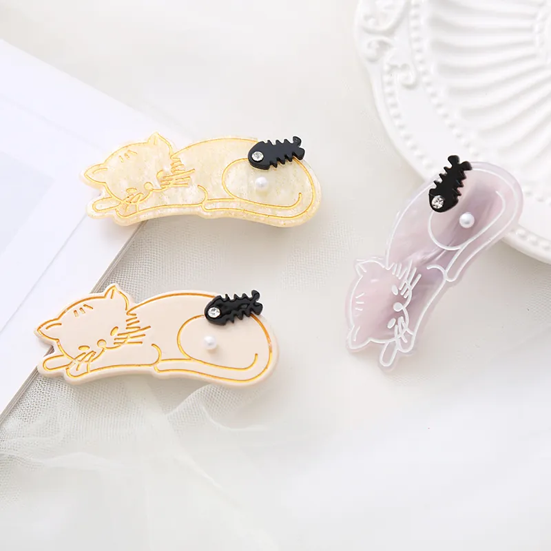 Grazioso Fermaglio per Capelli a Gatto in Acetato Con Decorazione in Perla Artificial Strass Lisca di Pesce Stile Giapponese Coreano
