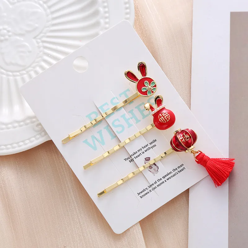 Traditional Chinese New Year Rabbit Lantern Hair Clips Red Gold Alloy Enamel Fu Character Tassel Bobby Pins For Women Festive Hair Jewelry
