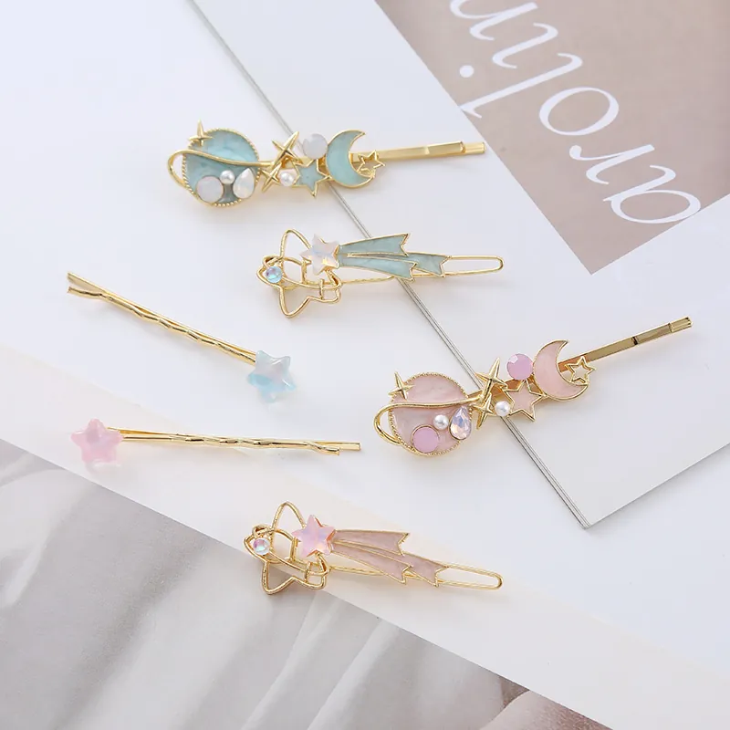 Cute Star Moon Planet Meteor Hair Clips Pink Blue Alloy Artificial Pearl Rhinestone Sweet Korean Style Hair Pins For Women Girls