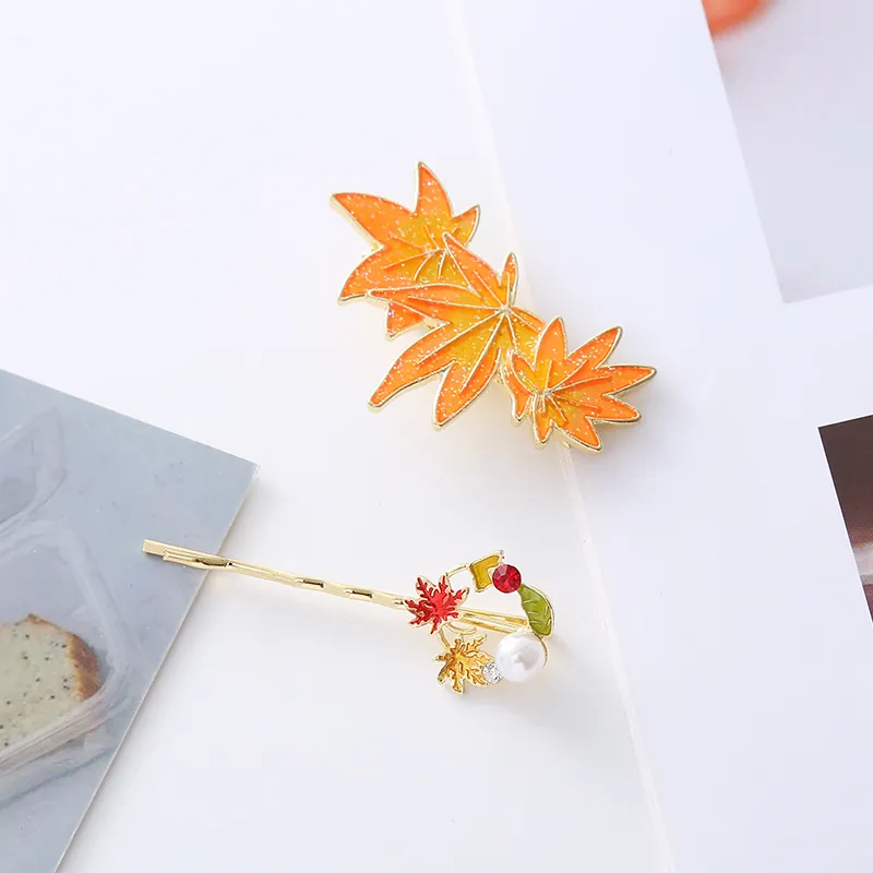 Autumn Maple Leaf Glitter Hair Clip Set Alloy Rhinestone Imitation Artificial Pearl Enamel Orange Hair Pin Accessories For Women