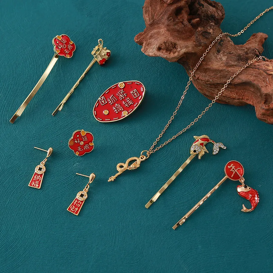 Collier Dragon en Émail Rouge Style Chinois Barrettes Boucles d'Oreilles Broche Accessoires Bijoux Festifs pour Nouvel An Femmes