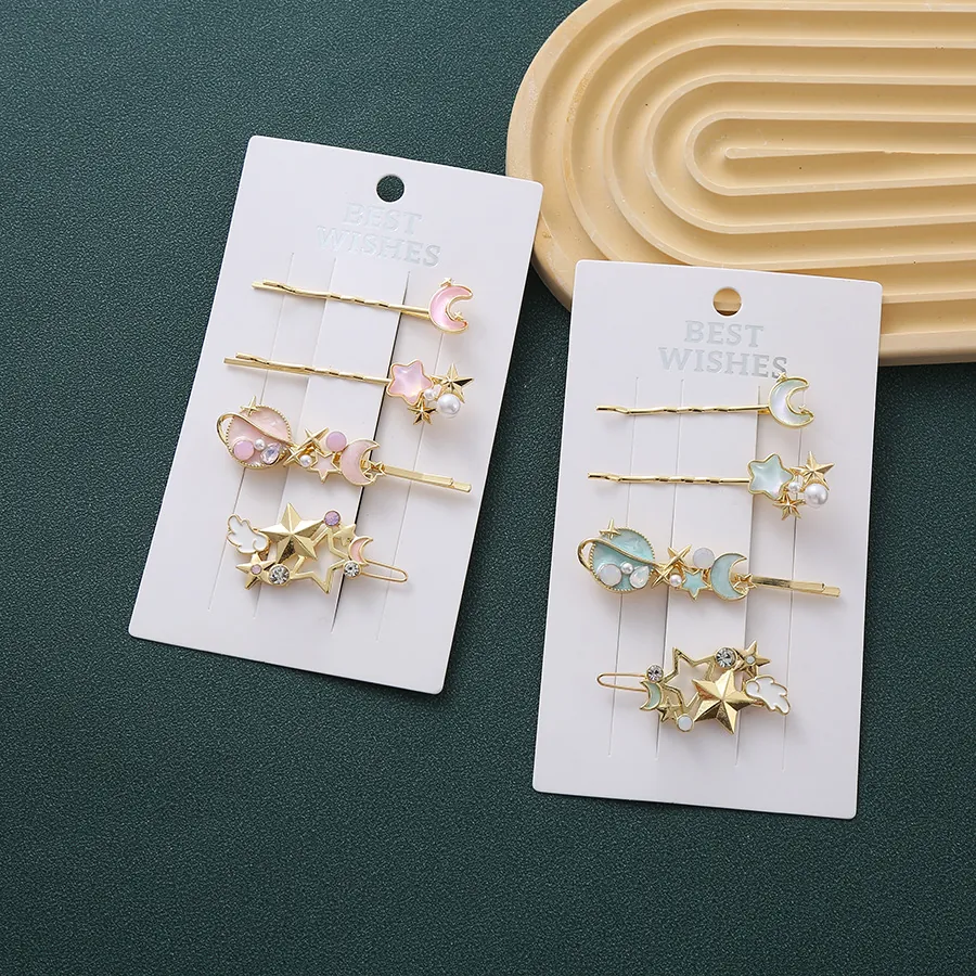 Süßes Stern Mond Planet Haarspangen Set Für Damen Gold Legierung Emaille Kunstperle Strass Sternenhimmel Haarschmuck