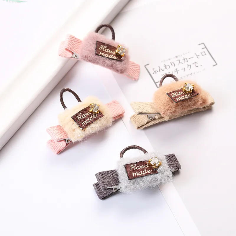Vintage Plush Mini Handbag Shape Hair Clips Rhinestone Handmade Label Duckbill Clips Retro Fabric Hair Accessories For Women