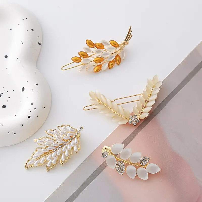 Élégantes Pinces à Cheveux en Alliage Cristal Künstliche Perle Épi de Blé Barrettes Feuille d'Or Fraîches pour Femmes Accessoires de Coiffure