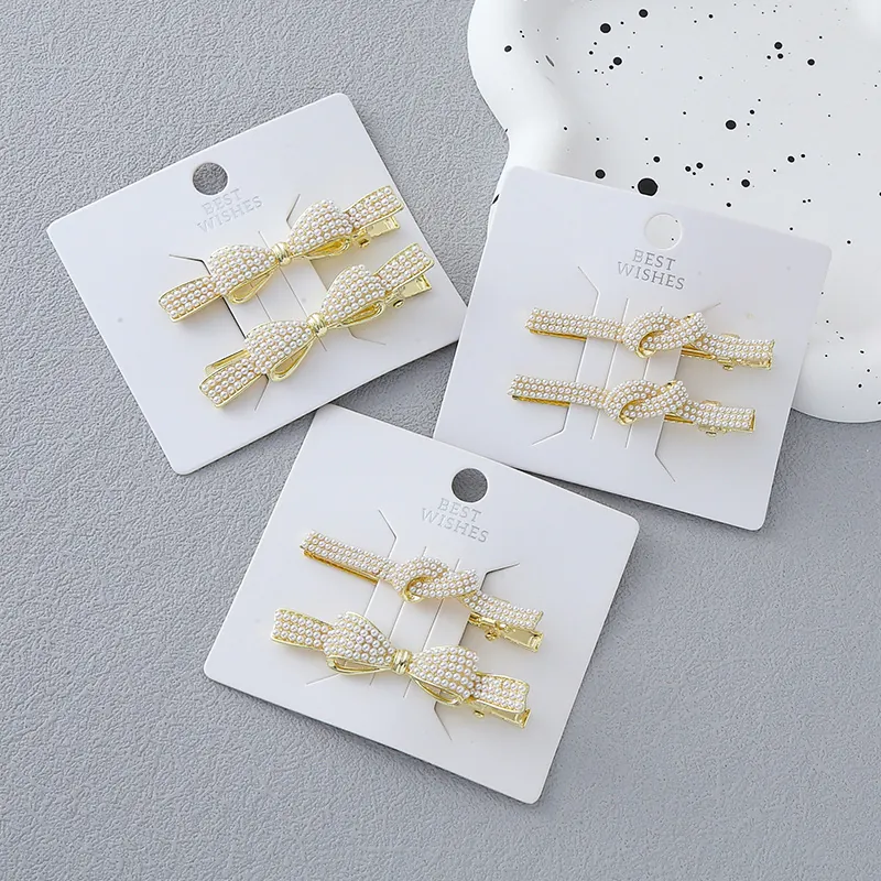 Elegant Alloy Faux Artificial Pearl Bowknot And Knot Hair Clips Gold Plated Duckbill Side Clips Vintage Hair Accessories For Women