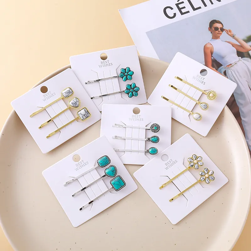 New Chinese Style Artificial Turquoise Alloy Hair Clips Elegant Marble Texture Geometric Flower Hairpins Retro Women Hair Accessories