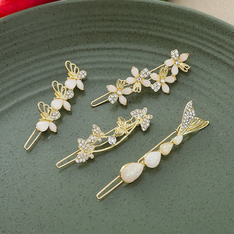 Elegant Gold Alloy Hair Clip Set Rhinestone Butterfly Flower Fishtail Hairpins Faux Opal Cat Eye Hair Accessories For Women