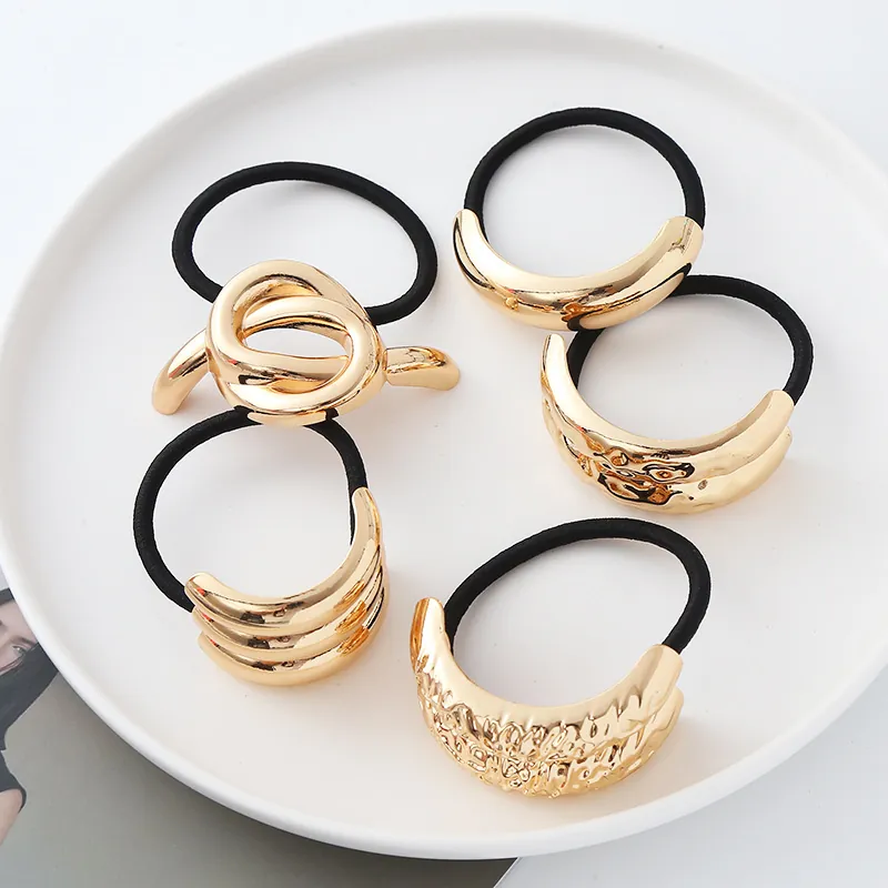 Punk Metall Geometrische Haargummis Hoch Elastische Haarbänder Legierung Knoten Haarseile Gold Silber Mode Kopfschmuck Damen Täglich
