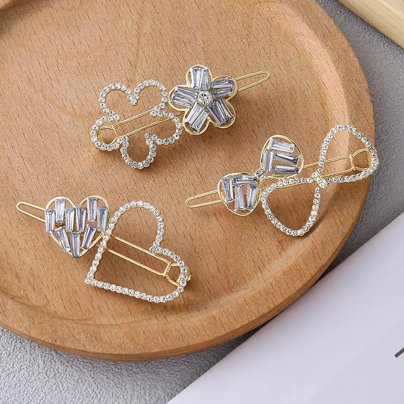 Elegant Gold Alloy Rhinestone Hair Clips Heart Flower Bowknot Crystal Hair Pins Sweet Side Clips Women Jewelry