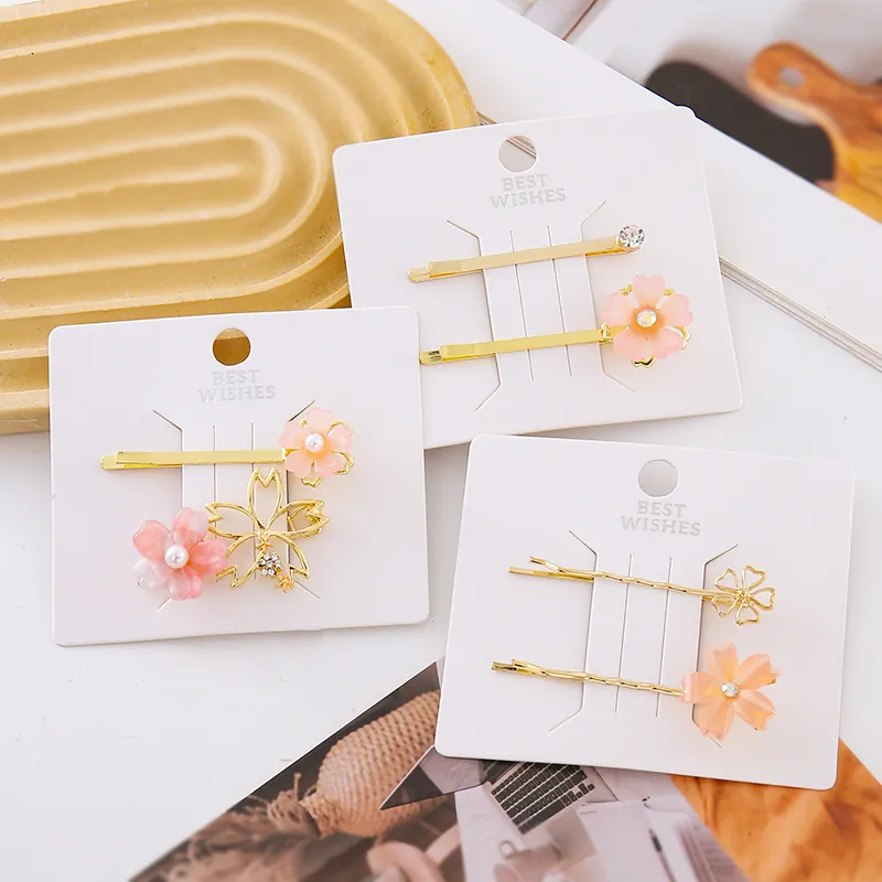 New Chinese Style Sakura Flower Hair Clips Set For Women Minimalist Gold Alloy Resin Pink Floral Hairpins Rhinestone Headwear
