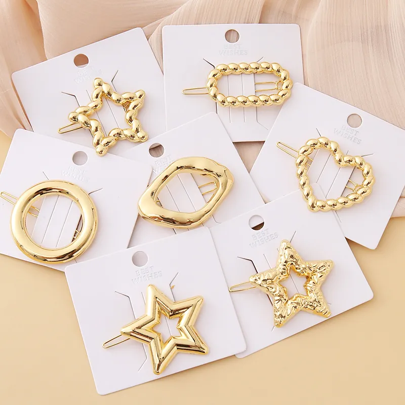 Golden Alloy Geometric Hair Clip For Women French Vintage Hammered Texture Star Heart Shape Simple Hair Accessory Jewelry