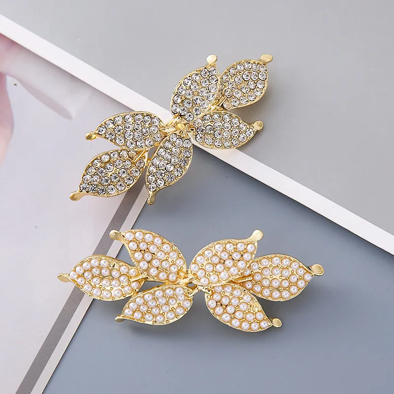 Korean Style Alloy Leaf Butterfly Hair Clip With Faux Artificial Pearl Rhinestone Inlaid Exquisite Gold Plated Spring Clip For Women