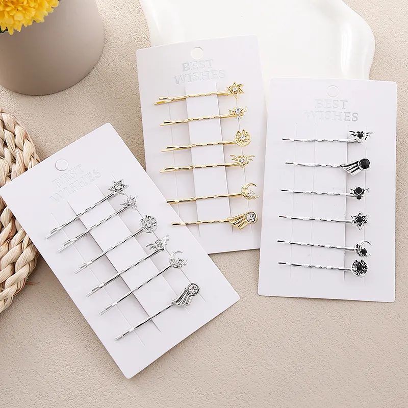 6Pcs Punk Rhinestone Hair Clips Set For Women Gold Silver Star Moon Sun Flower Leaf Side Bangs Clip Set Fashion Hair Jewelry