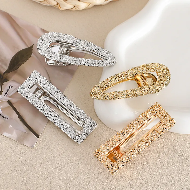 Elegant Metal Hammered Texture Duckbill Hair Clip Set For Women Geometric Rectangle Triangle Gold Silver Tone Alloy Hairpin Fashion Hair Accessories