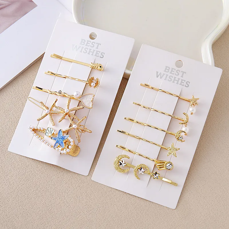 Ensemble de Pinces à Cheveux en Alliage d'Or Océan Étoile de Mer Coquille Avec Faux Künstliche Perles Strass Lune pour Femmes