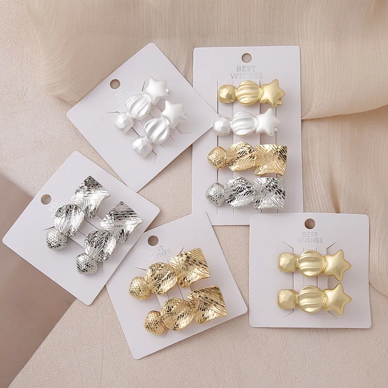 Women Sweet Cool Star Geometric Zinc Alloy Hair Clips Set Matte Gold White Weave Texture Duckbill Hair Clips Headwear